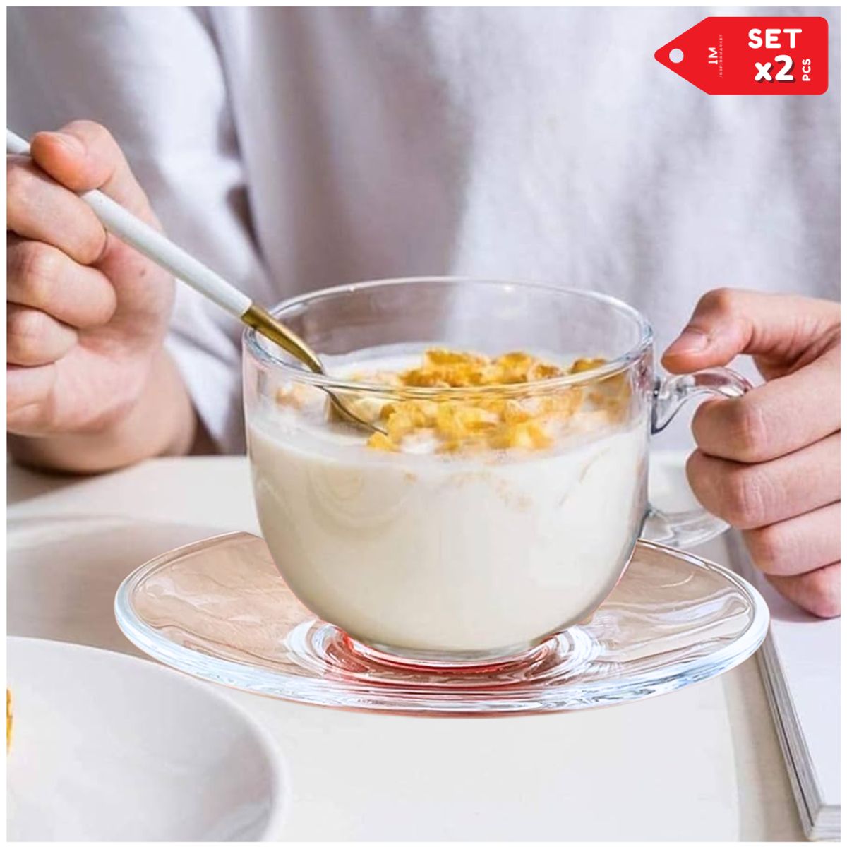 INSPIRA MARKET - Taza y plato de vidrio set transparente 420ml