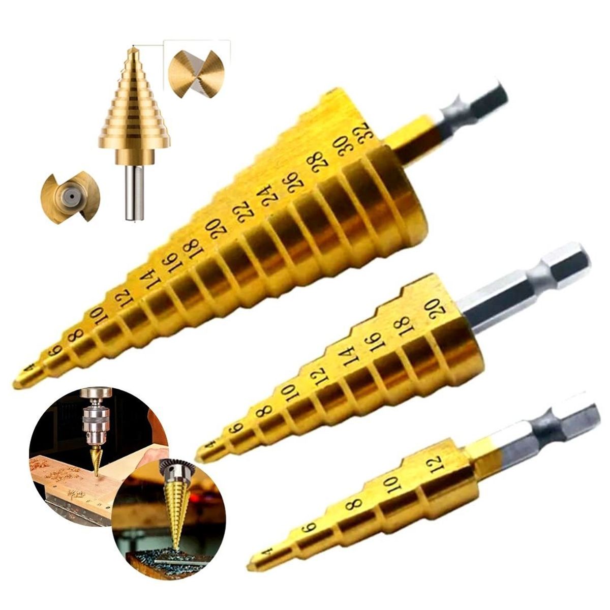 GENERICO - Set de Brocas Escalonadas de Titanio 3 Piezas