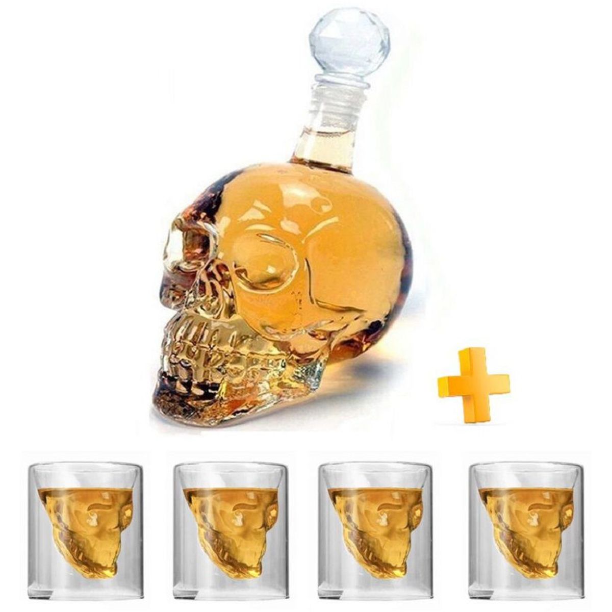 GENERICO - Set Licorera de Vidrio de 1Litro + 4 Vasos Diseño Cráneo