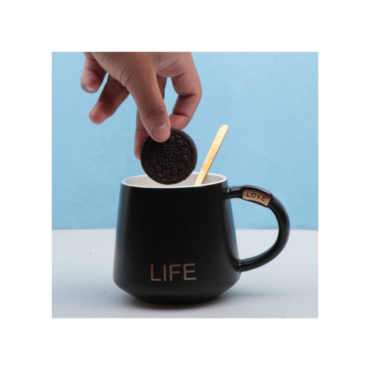 GENERICO - Taza de cerámica porcelana Cup Love negro con tapa y cuchara