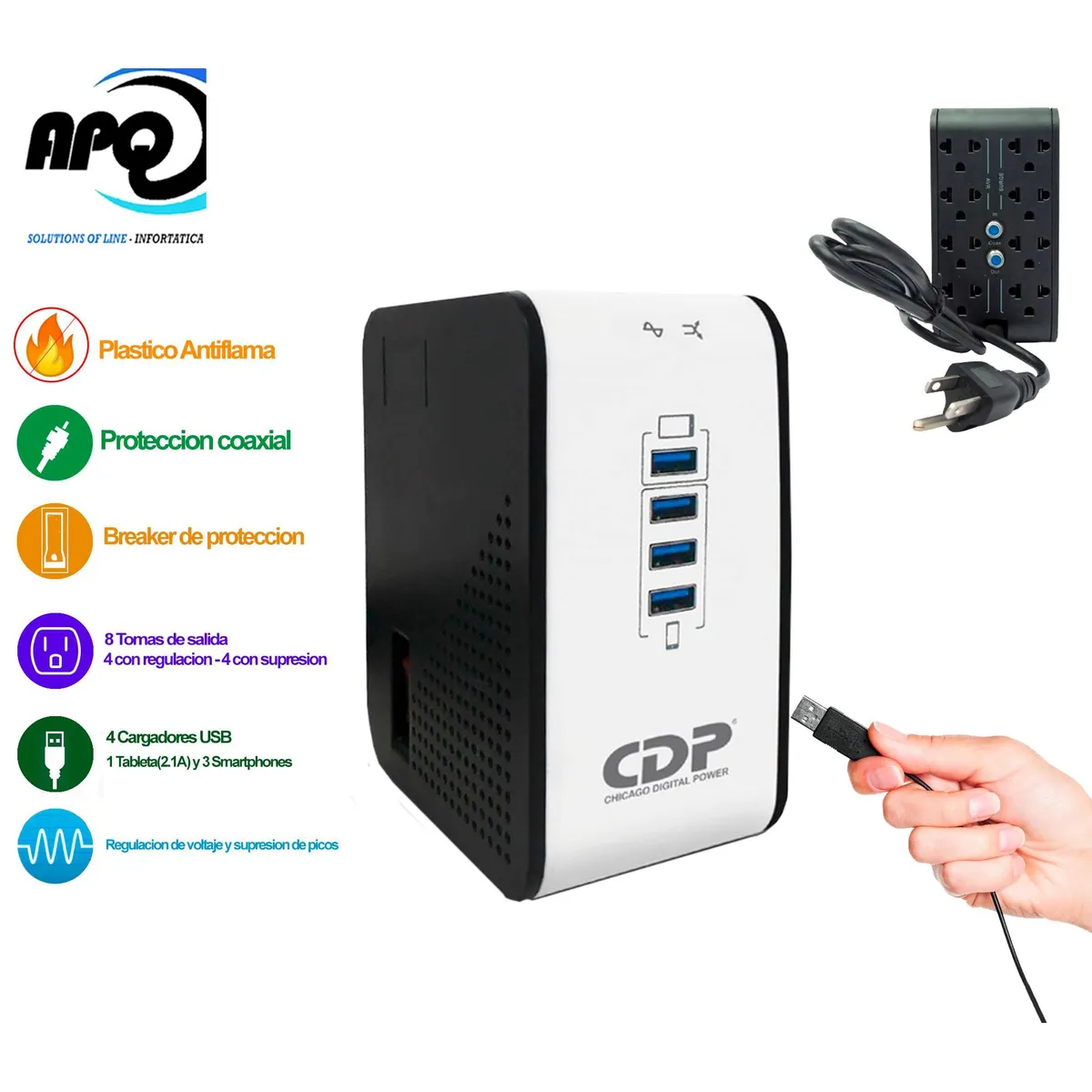 CDP - Estabilizador CDP R2CU-AVR1008I 1000VA/720W 8 Salidas 4 Port USB