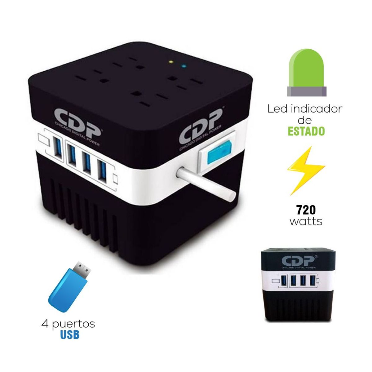 CDP - Estabilizador CDP RU-AVR604I 600VA/720W 4 Salidas 4 Port USB