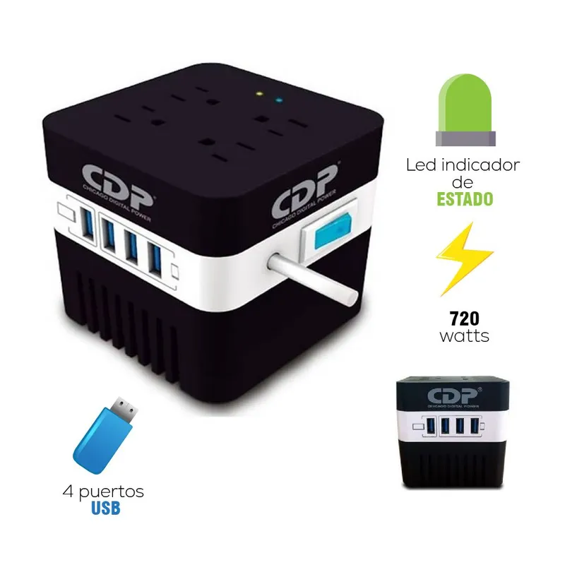 CDP - Estabilizador CDP RU-AVR604I 600VA/720W 4 Salidas 4 Port USB