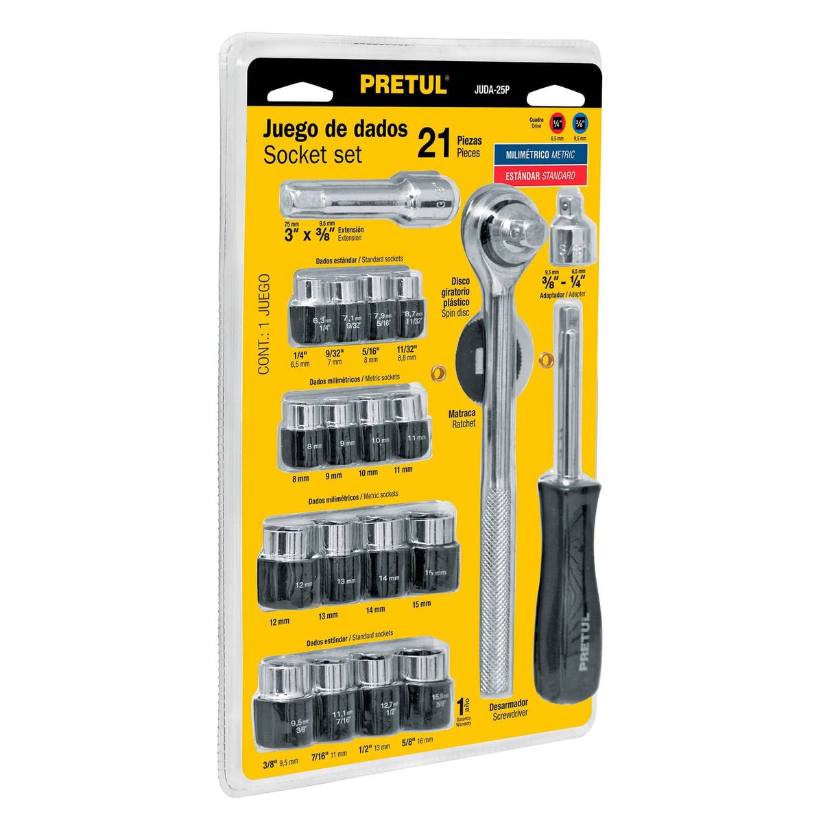 PRETUL - Juego Ratchet y Dados 3/8" x 21 pzas Pretul 21162  - Gris