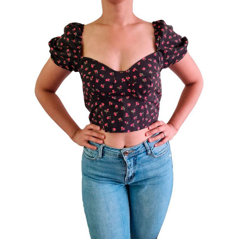 GENERICO - Blusa Mujer Bustier Flores mangas abullonadas- Nathalie Love It - Negro
