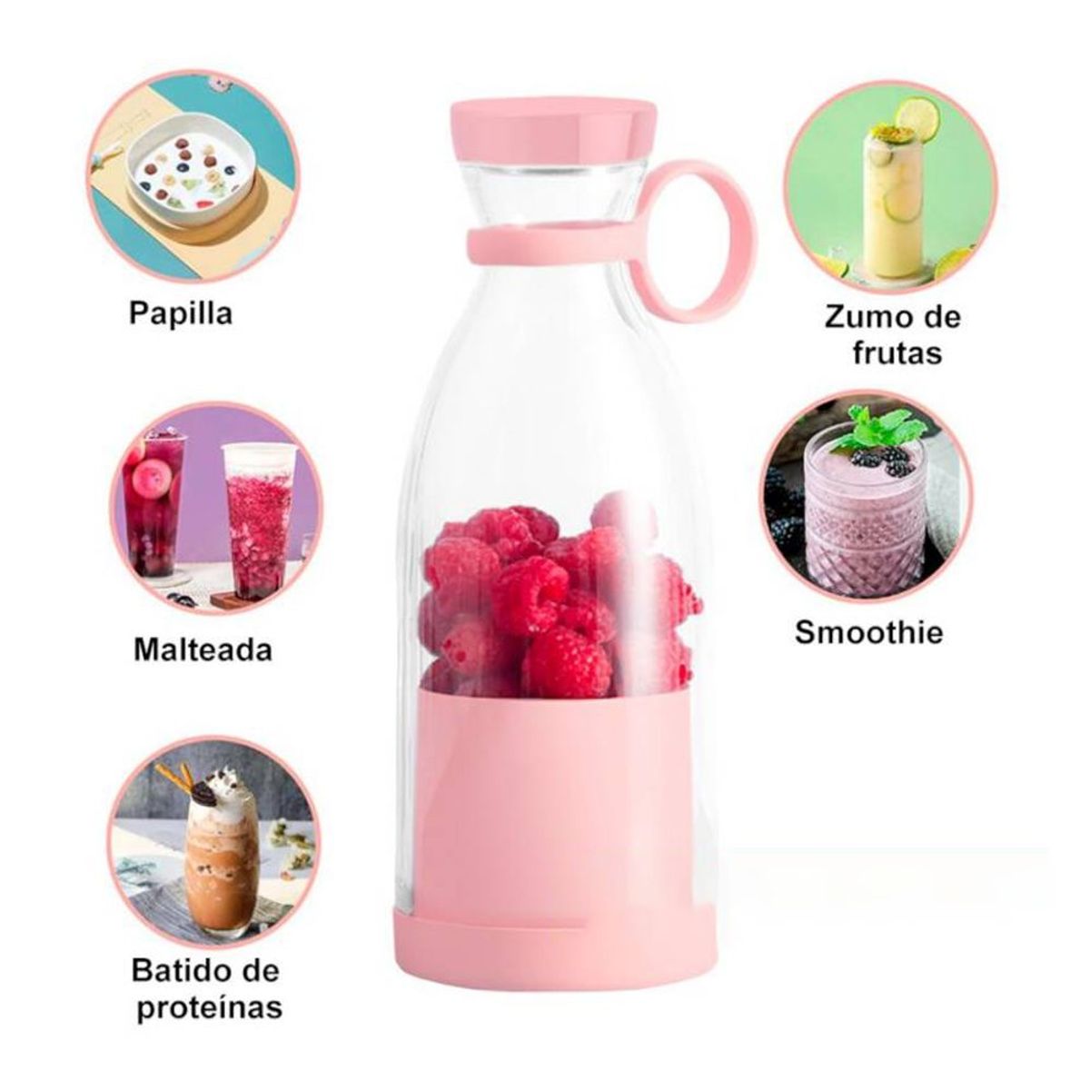 INSPIRA - Botella Licuadora Portátil Recargable USB Rosa 420 ml