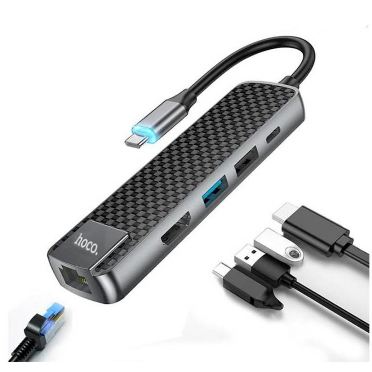 HOCO - Adaptador Multimedia Tipo C a HDMI / USB 3.0 / USB 2.0 / RJ45 - PD 60W