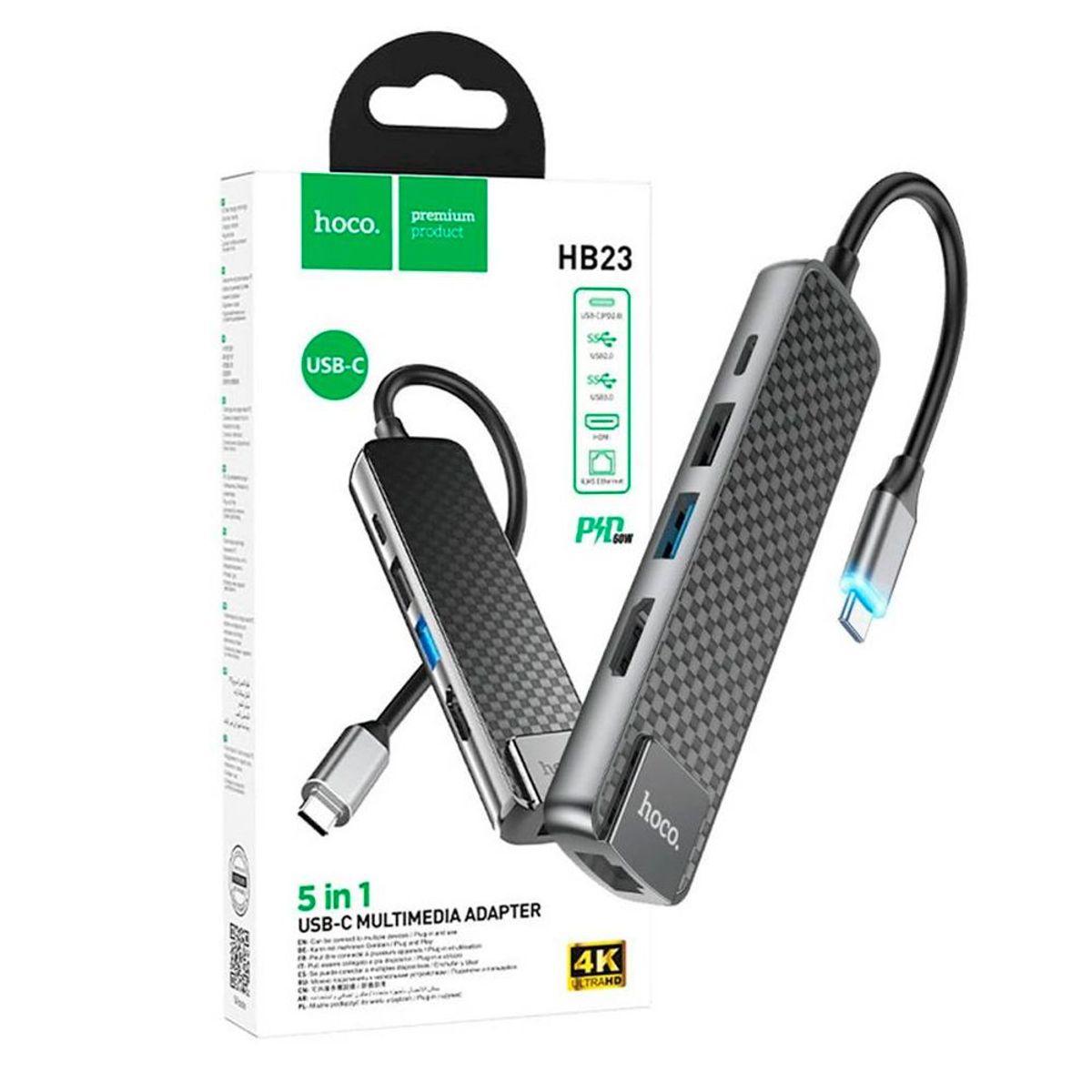 HOCO - Adaptador Multimedia Tipo C a HDMI / USB 3.0 / USB 2.0 / RJ45 - PD 60W