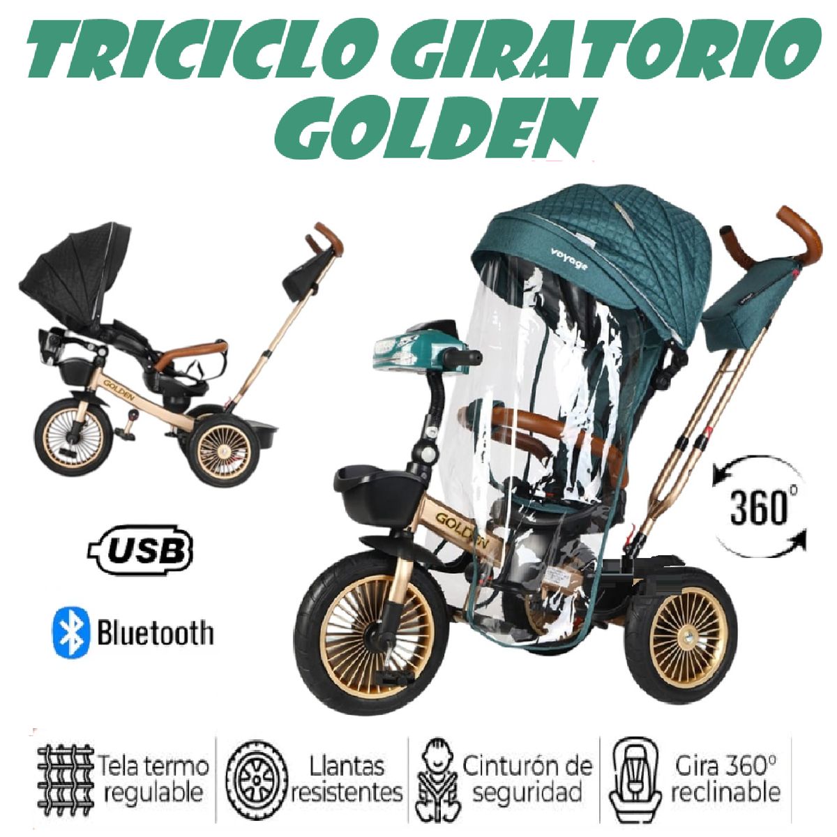 GOLDEN - Triciclo Musical Golden Voyage Bluetooth Asiento Giratorio 5 en 1