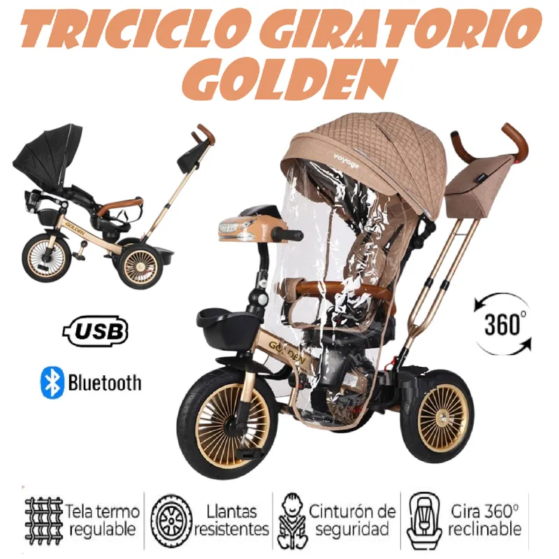 GOLDEN - Triciclo Musical Golden Voyage Bluetooth Asiento Giratorio 5 en 1