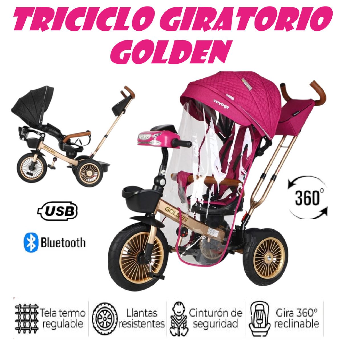 GOLDEN - Triciclo Musical Golden Voyage Bluetooth Asiento Giratorio 5 en 1