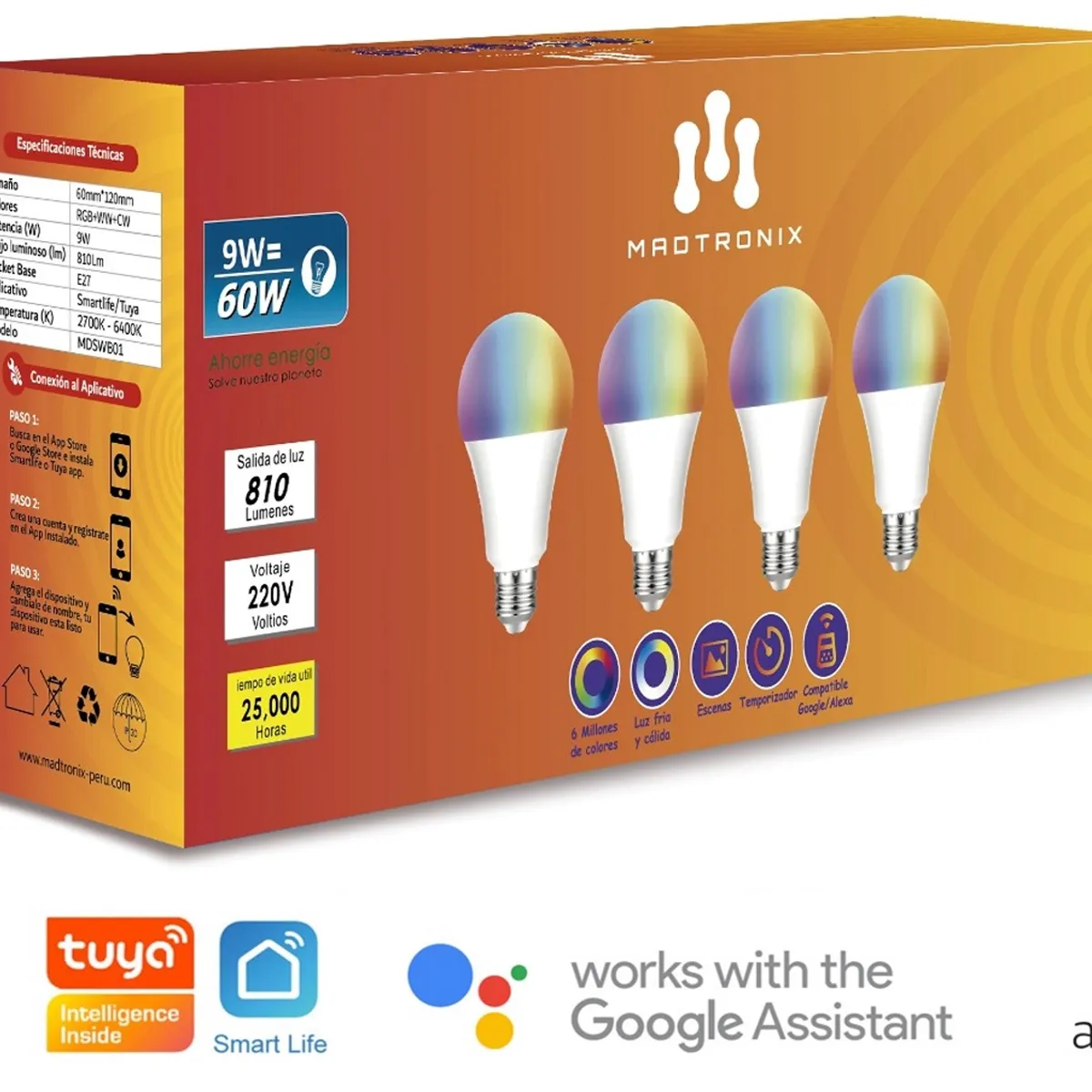 MADTRONIX - Foco Inteligente WIFI RGB Smart LED  Madtronix Pack  9W 810Lumens