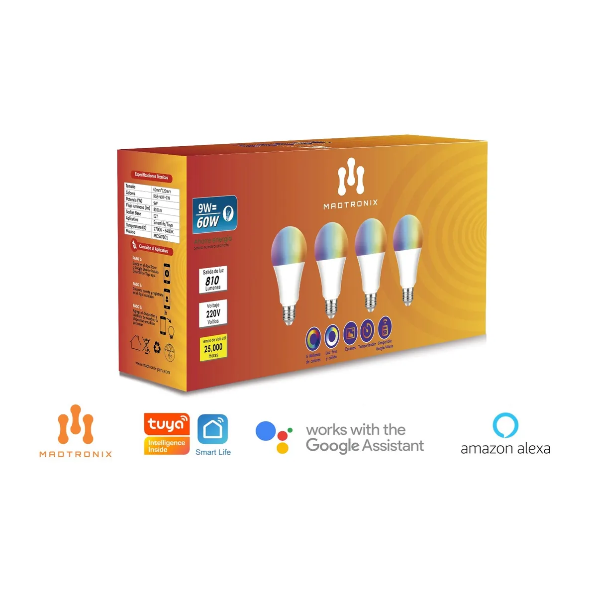 MADTRONIX - Foco Inteligente WIFI RGB Smart LED  Madtronix Pack  9W 810Lumens