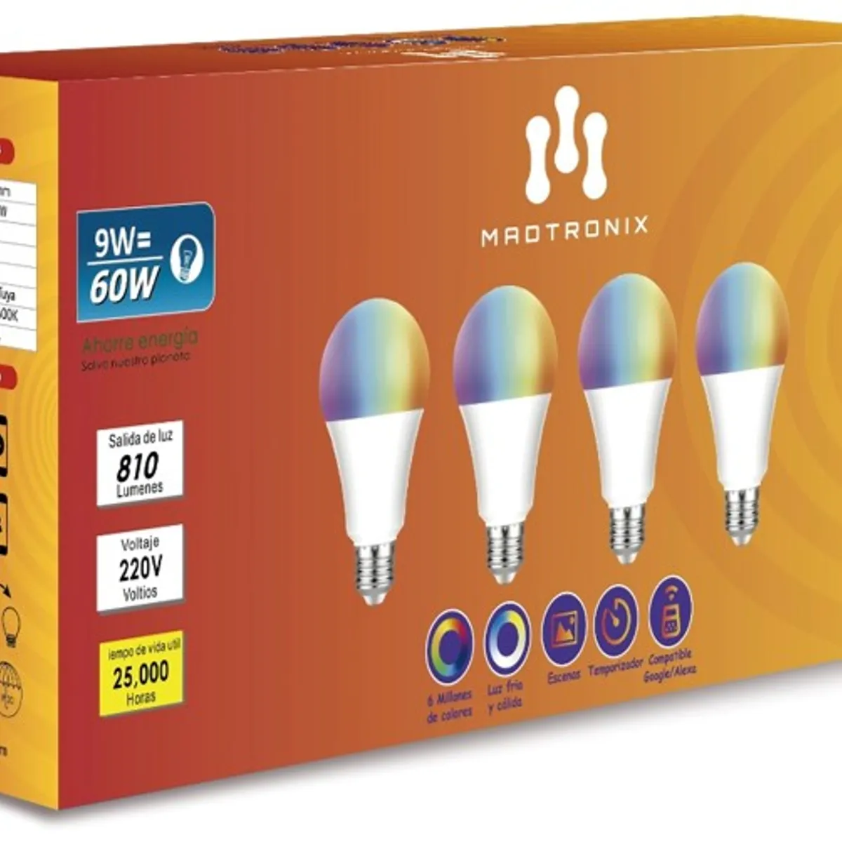 MADTRONIX - Foco Inteligente WIFI RGB Smart LED  Madtronix Pack  9W 810Lumens