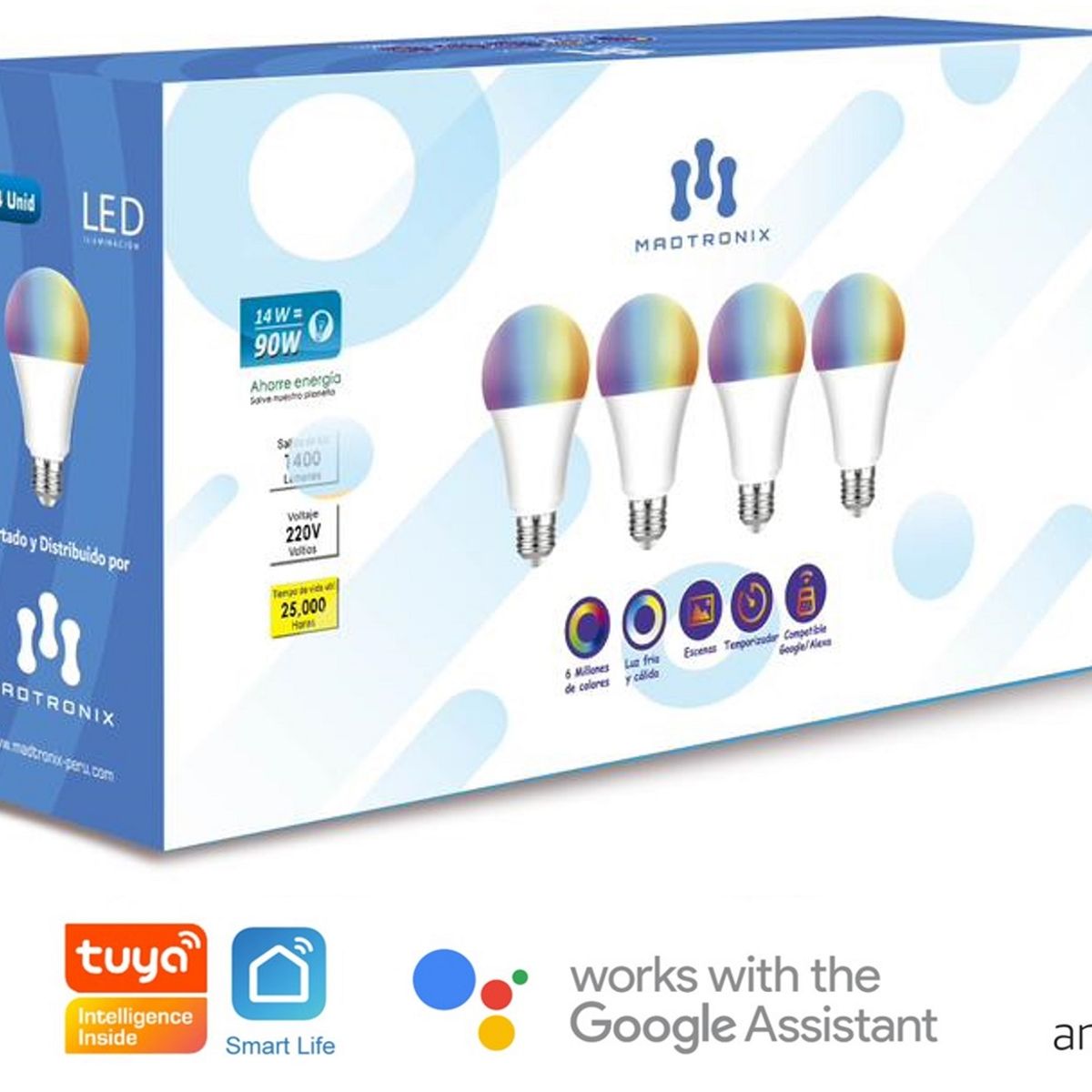 MADTRONIX - Foco Inteligente 14W PRO WIFI RGB Smart LED Pack x 4