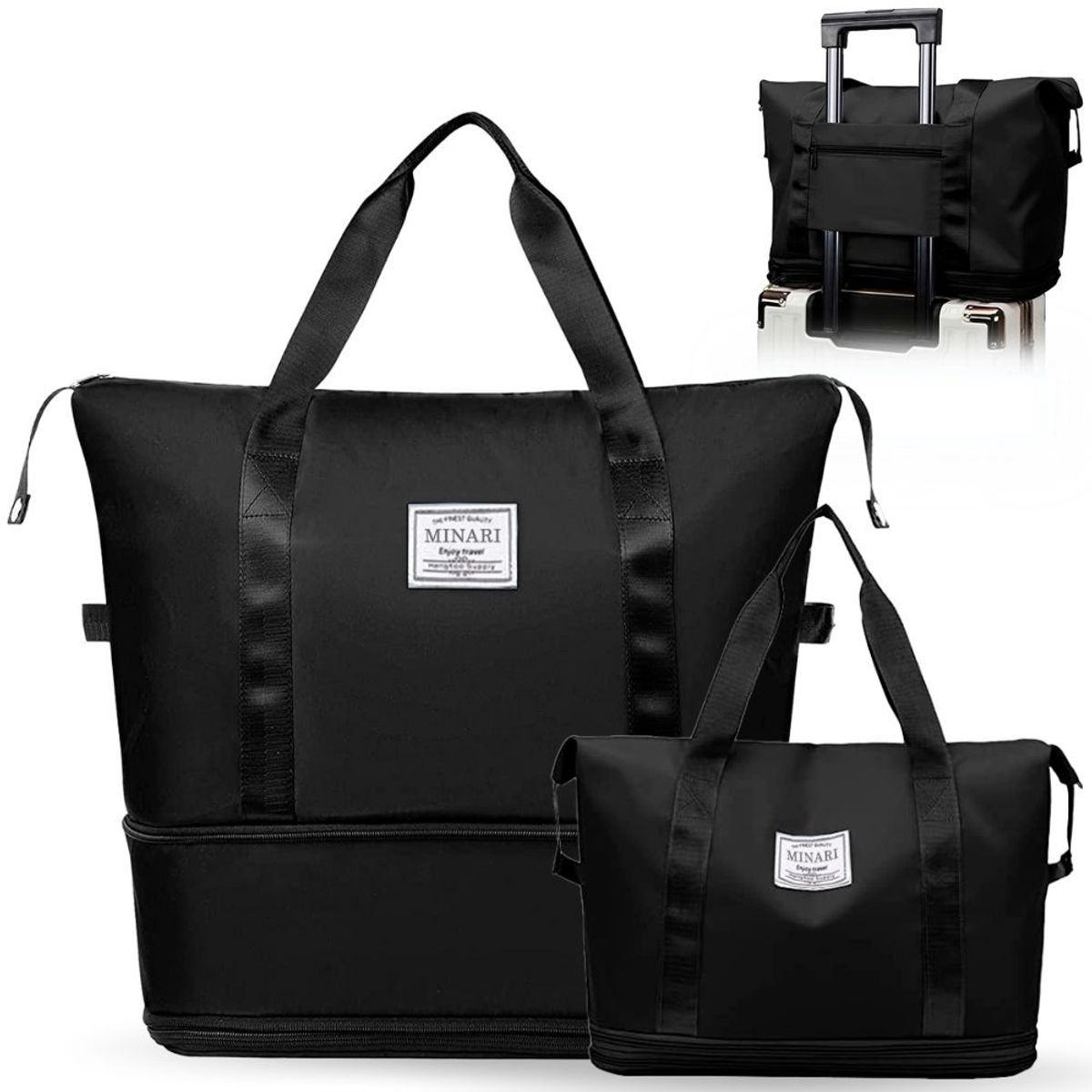 MINARI - Bolso de Viaje Cartera Expandible Deportivo Impermeable Negro 60B