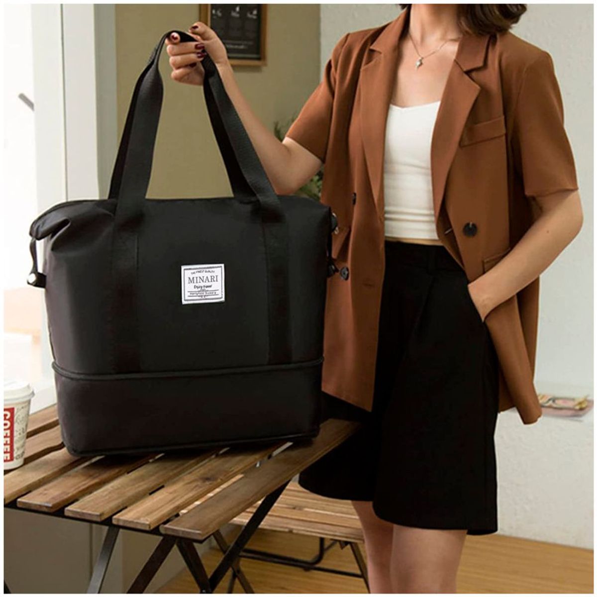 MINARI - Bolso de Viaje Cartera Expandible Deportivo Impermeable Negro 60B