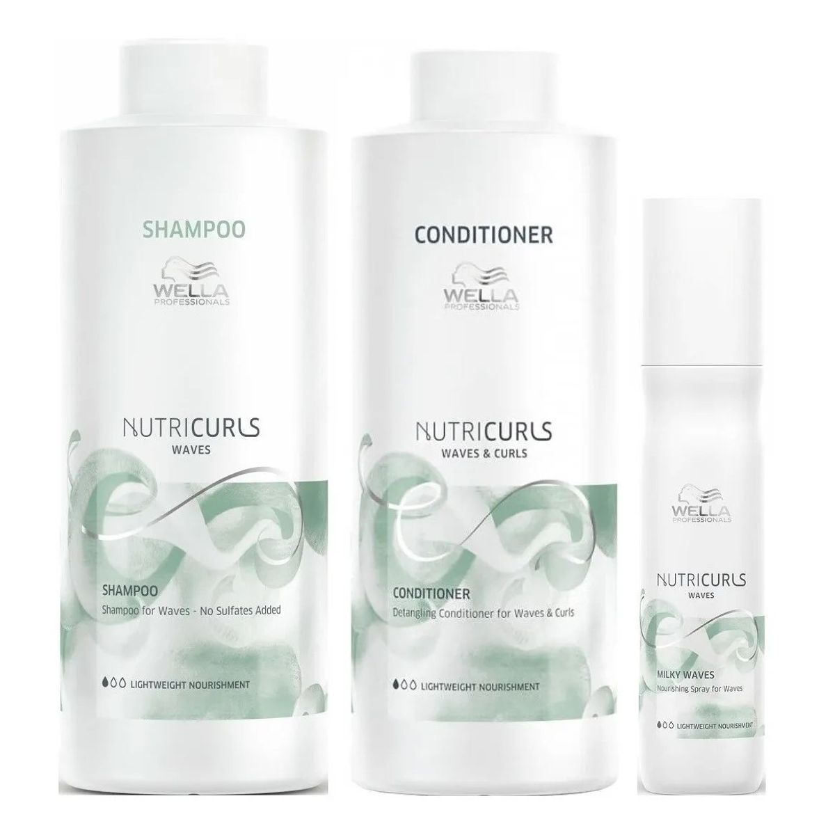 WELLA - Shampoo Ondas Waves 1000ml+ Acondicion+ Spray Milky Wella Nutricurls