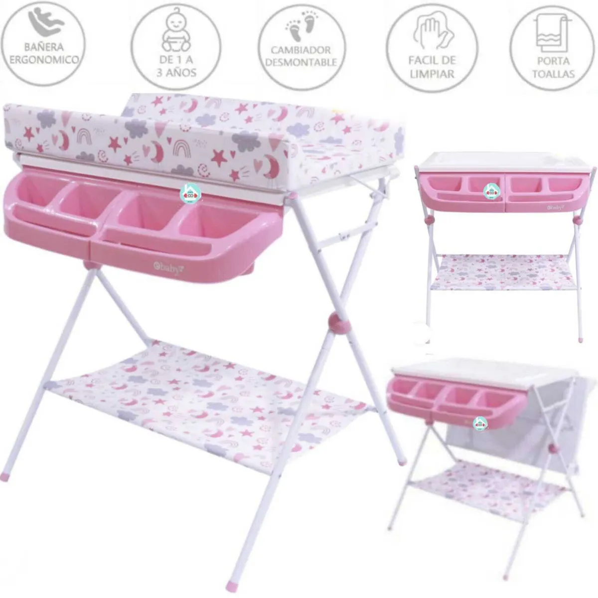 EBABY - Bañera Cambiador Maxi Rosado ESTRELLAS