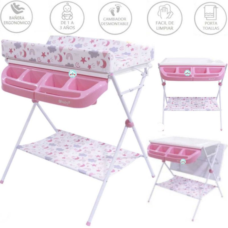 EBABY - Bañera Cambiador Maxi Rosado ESTRELLAS