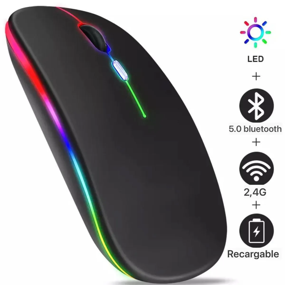 SEISA - Mouse Inalambrico Recargable USB, LED 8 colores RGB, DPI 320 - Negro