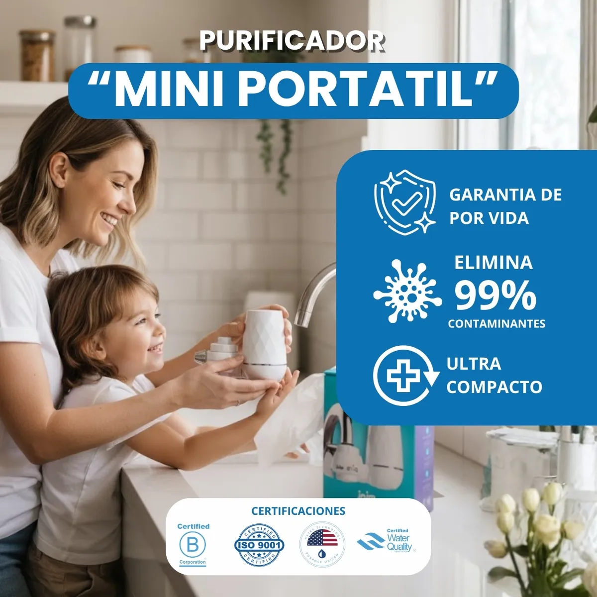 PURA - Filtro Purificador compacto Directo al Grifo- Anti Cloro
