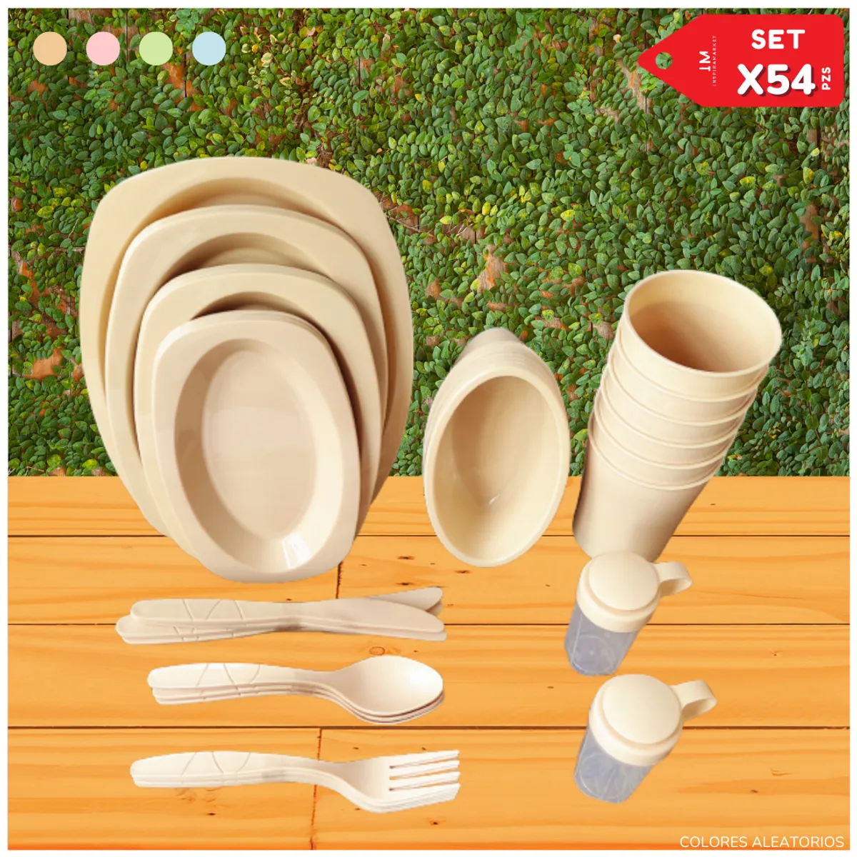 INSPIRA MARKET - Set de vajilla y cubiertos para picnic excursiones x 54 piezas