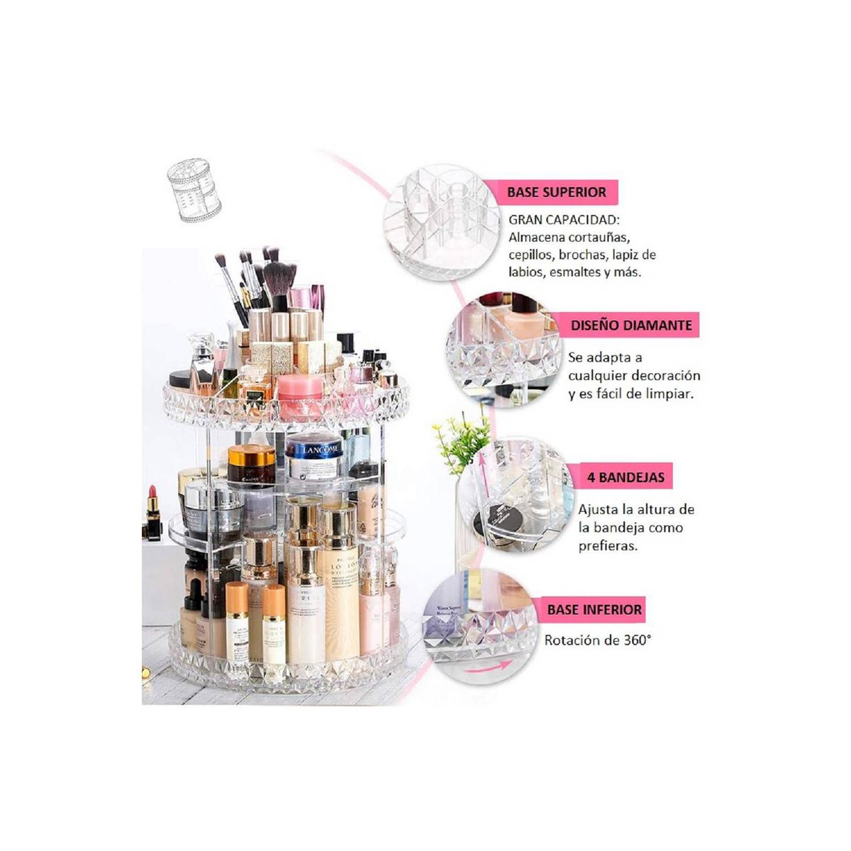 GENERICO - Organizador de Maquillaje Acrílico Giratorio 360 grados