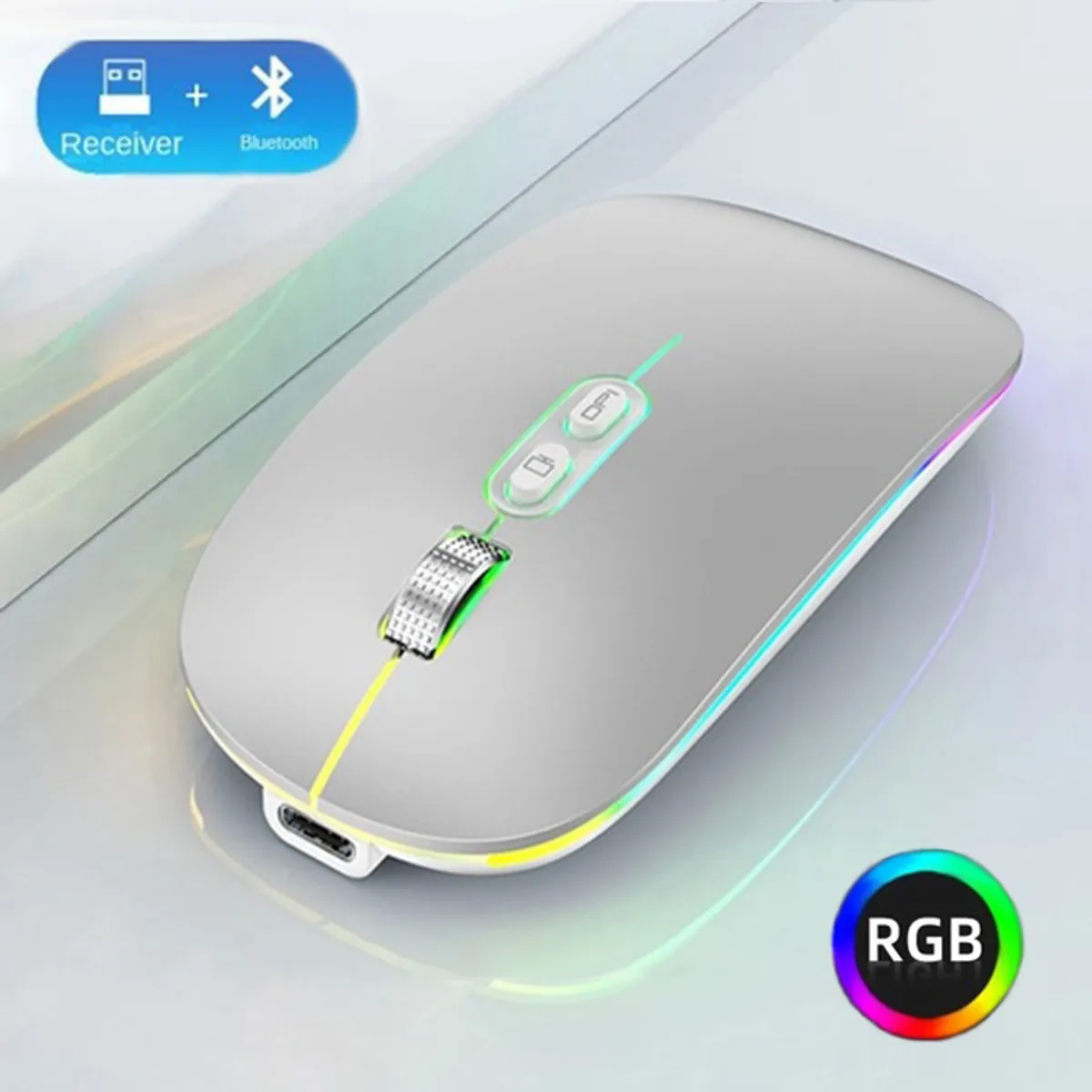 OEM - Mouse Recargable RGB LED Gamer Bluetooth Dual Carga Tipo C - Plata