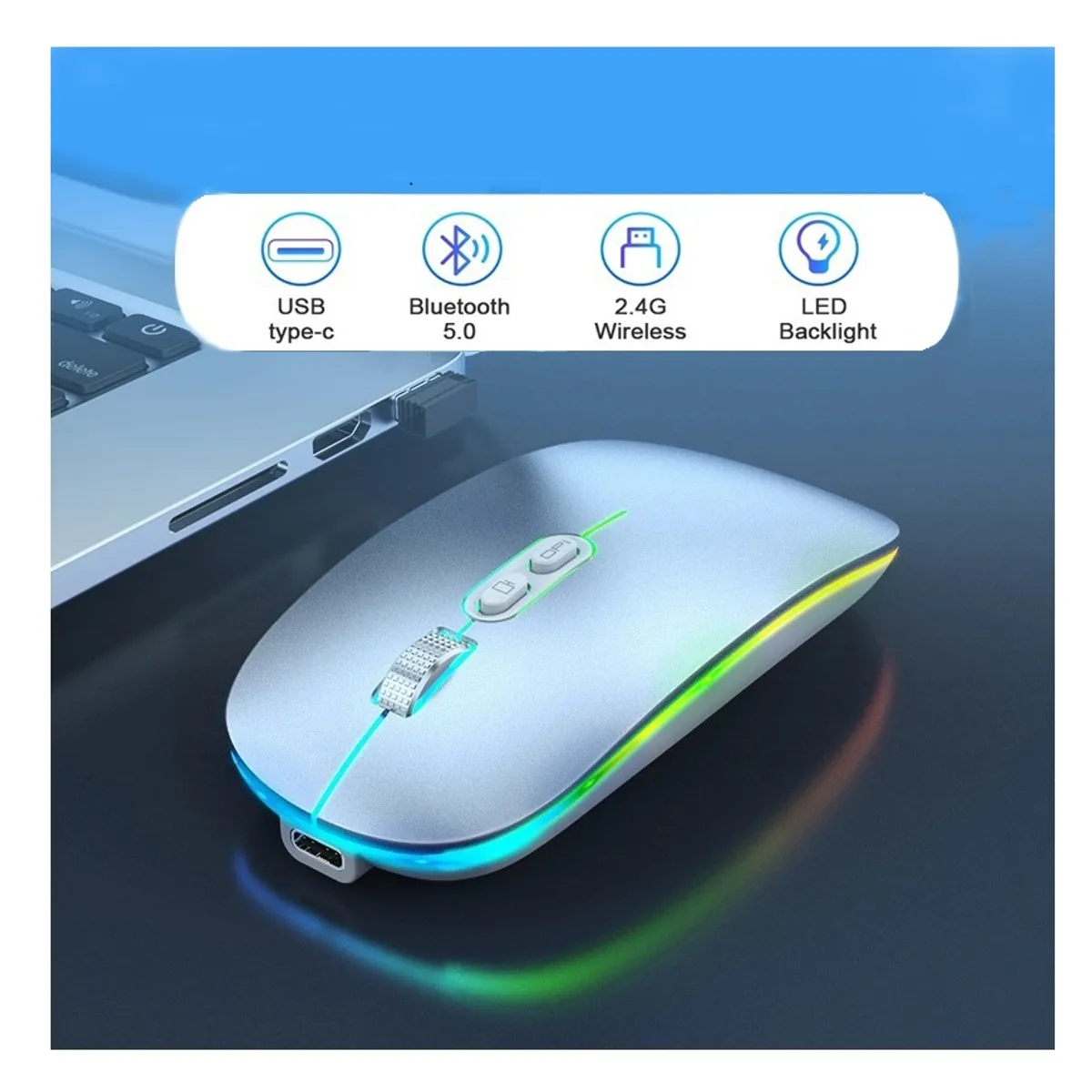 OEM - Mouse Recargable RGB LED Gamer Bluetooth Dual Carga Tipo C - Plata