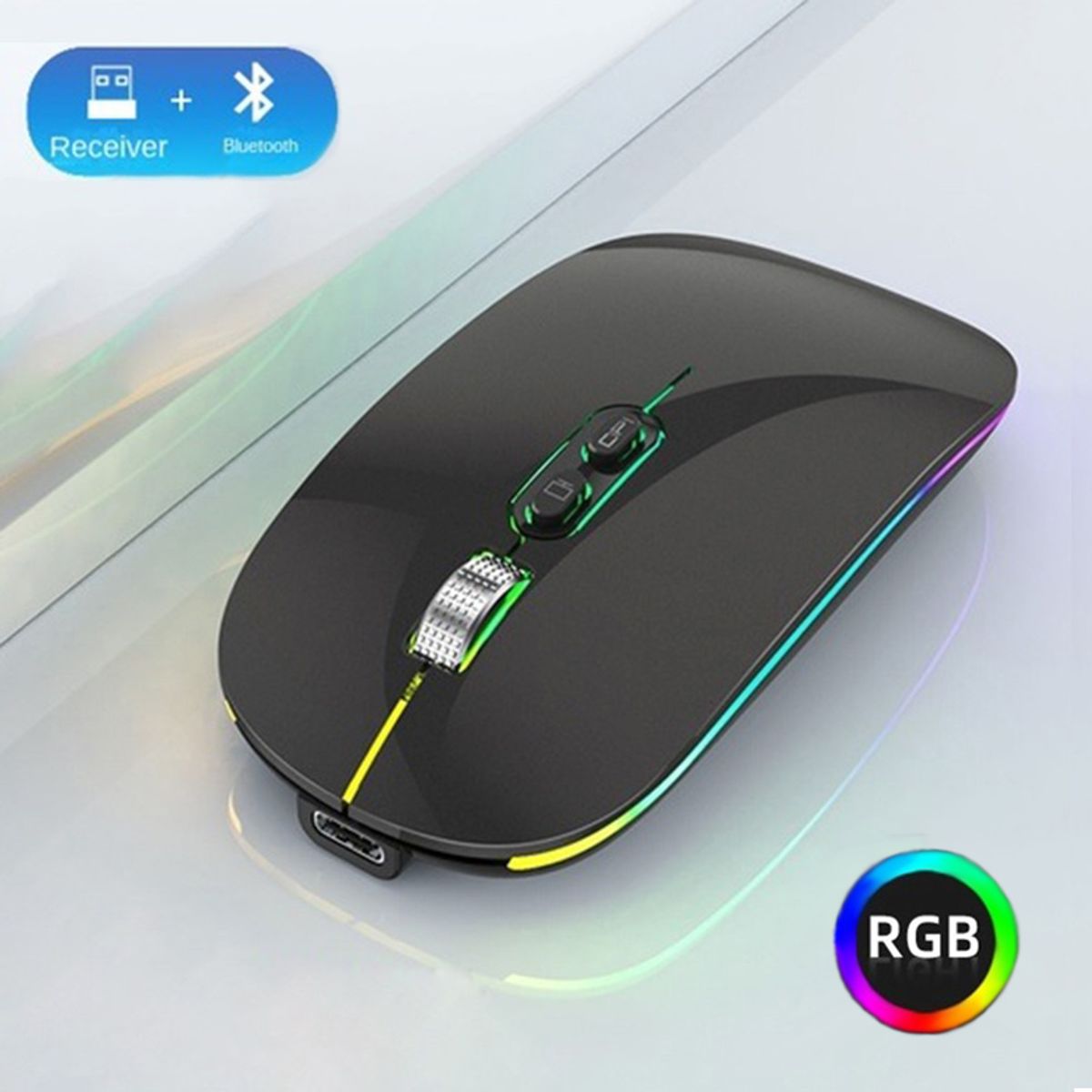 OEM - Mouse Recargable RGB LED Gamer Bluetooth Dual Carga Tipo C - Negro