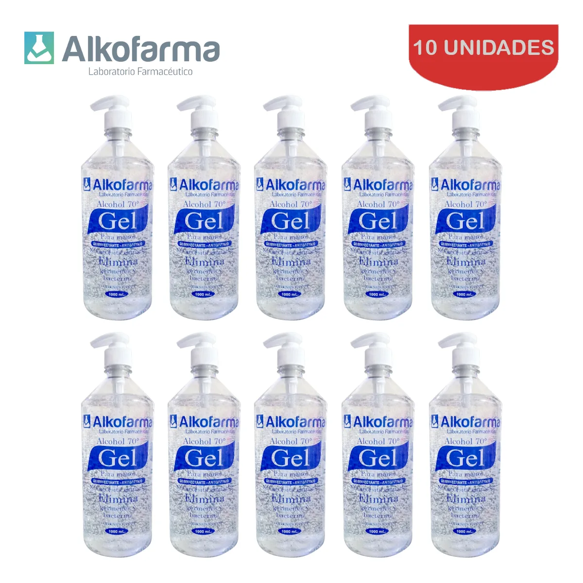 ALKOFARMA - Alcohol en gel 70° 1 litro ALKOFARMA. Pack 10 unidades