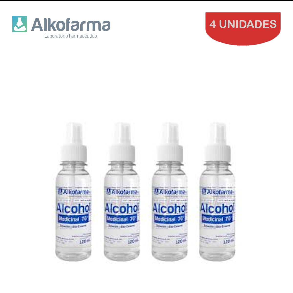 ALKOFARMA - Alcohol líquido med 70° 120ml con atomizador ALKOFARMA.Pack 4 unidades