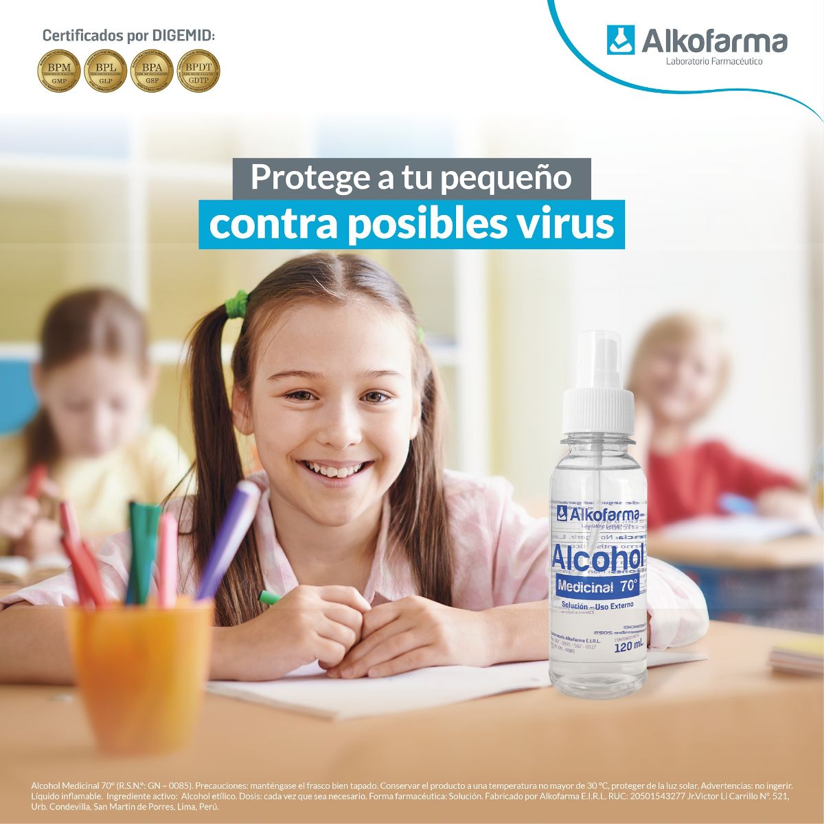 ALKOFARMA - Alcohol líquido med 70° 120ml con atomizador ALKOFARMA.Pack 4 unidades