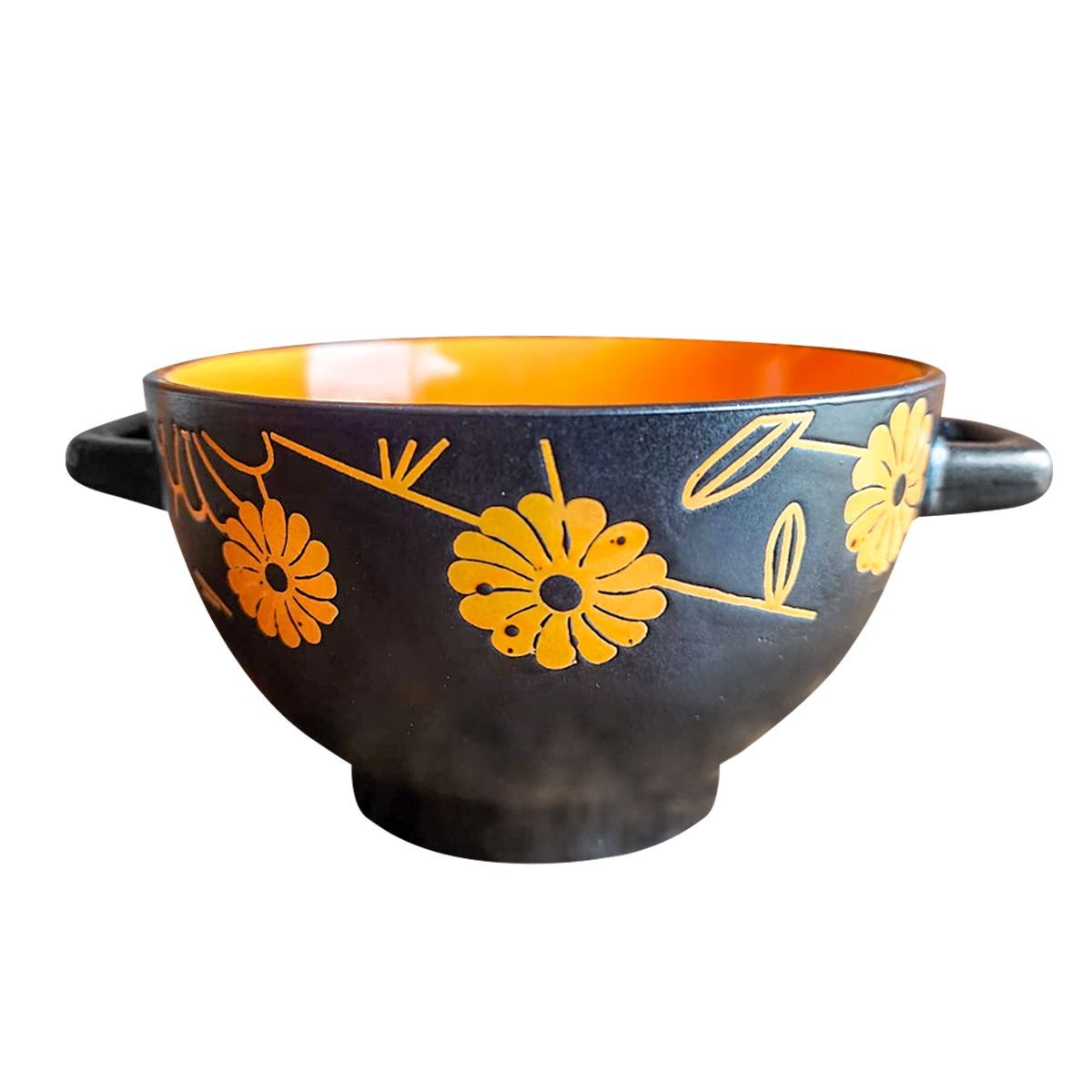 GRETAIL - Bowl Tazón De Cerámica 750ML Diseño Floreado Con Asas Naranja