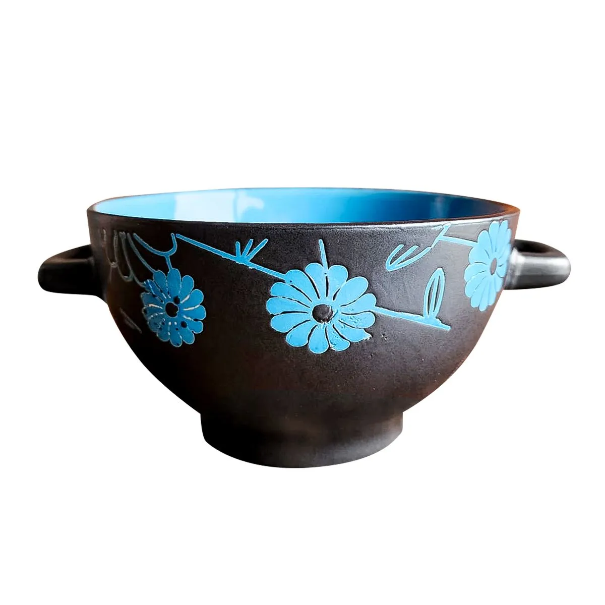 GRETAIL - Bowl Tazón De Cerámica 750ML Diseño Floreado Con Asas Turquesa