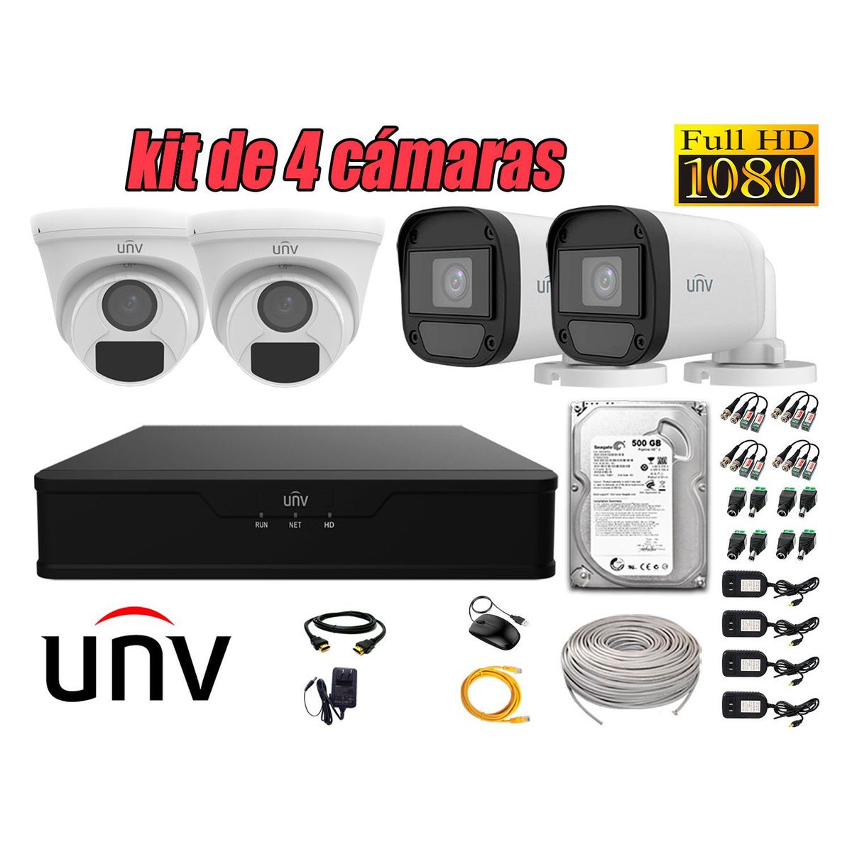 UNV - CÁMARAS SEGURIDAD KIT 4 FULL HD 2MP + DISCO 500GB COMPLETO