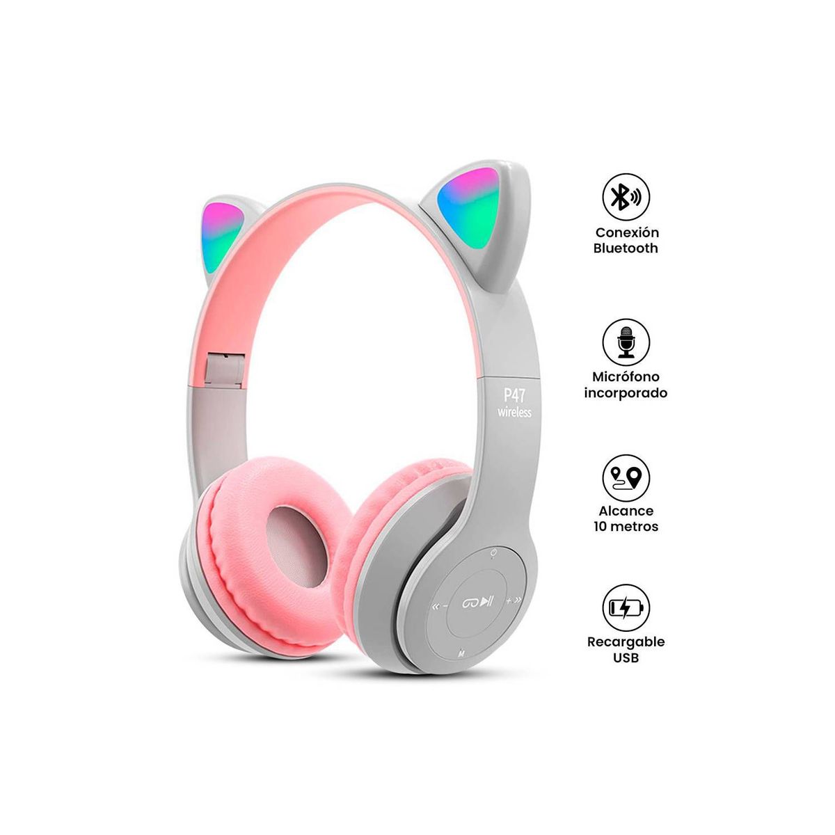 GENERICO - Audifonos Inalámbricos P47M RGB Gato - Plomo