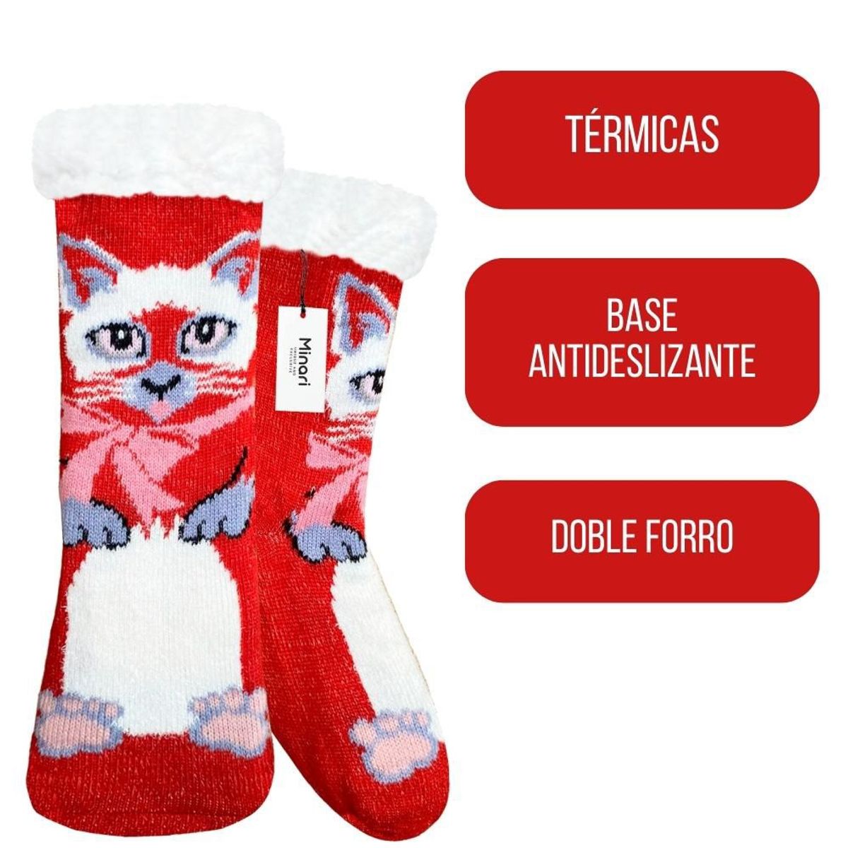 MINARI - Medias Térmicas de Carnero Antideslizantes Doble Forro Gatito RJ G2339