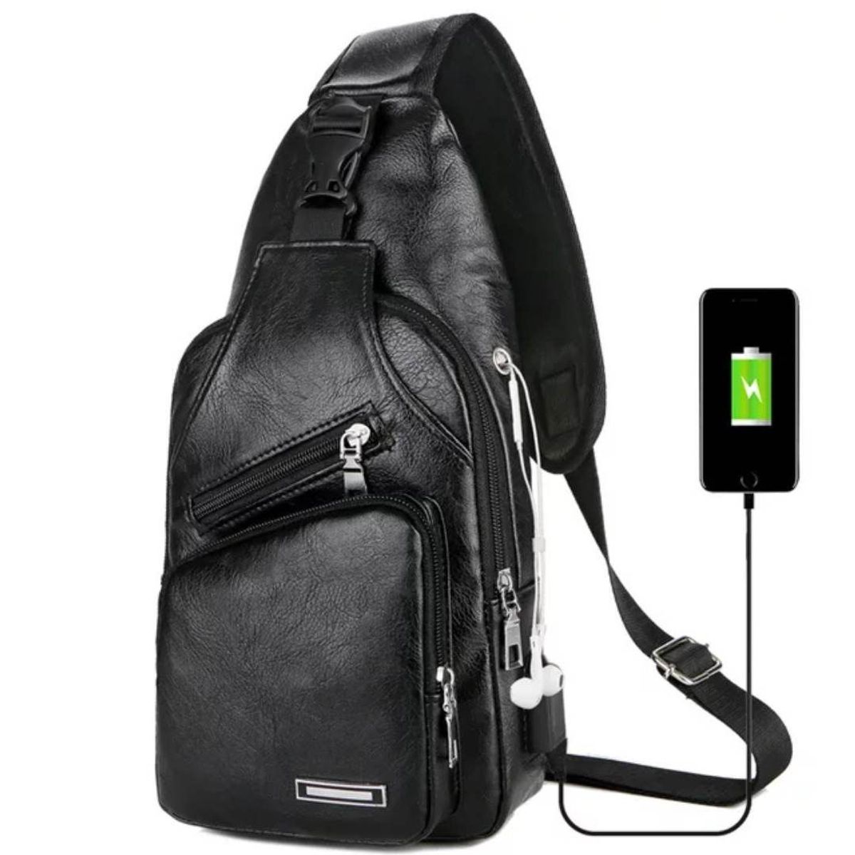 GENERICO - Mochila Bandolera de Pecho Cuero PU USB de Hombre Celular Morral Negro