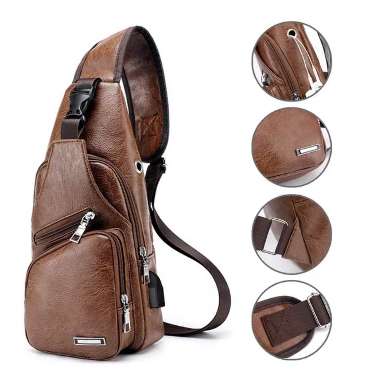 GENERICO - Mochila Bandolera de Pecho Cuero PU USB de Hombre Celular Morral Negro