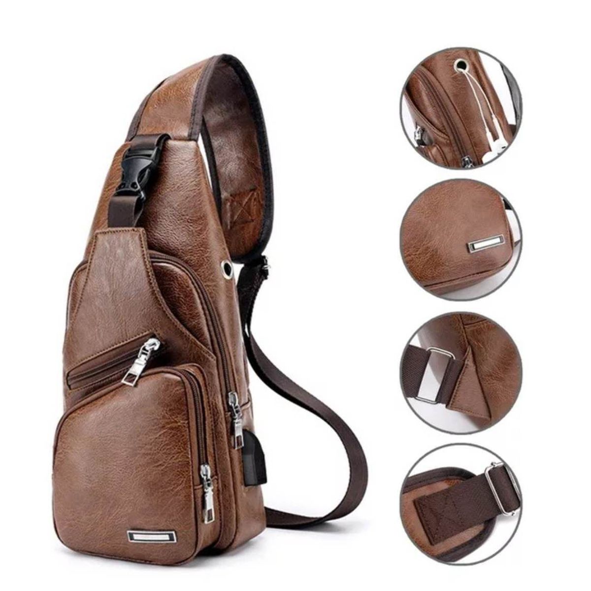 GENERICO - Mochila Bandolera de Pecho Cuero USB de Hombre Celular Morral Marron