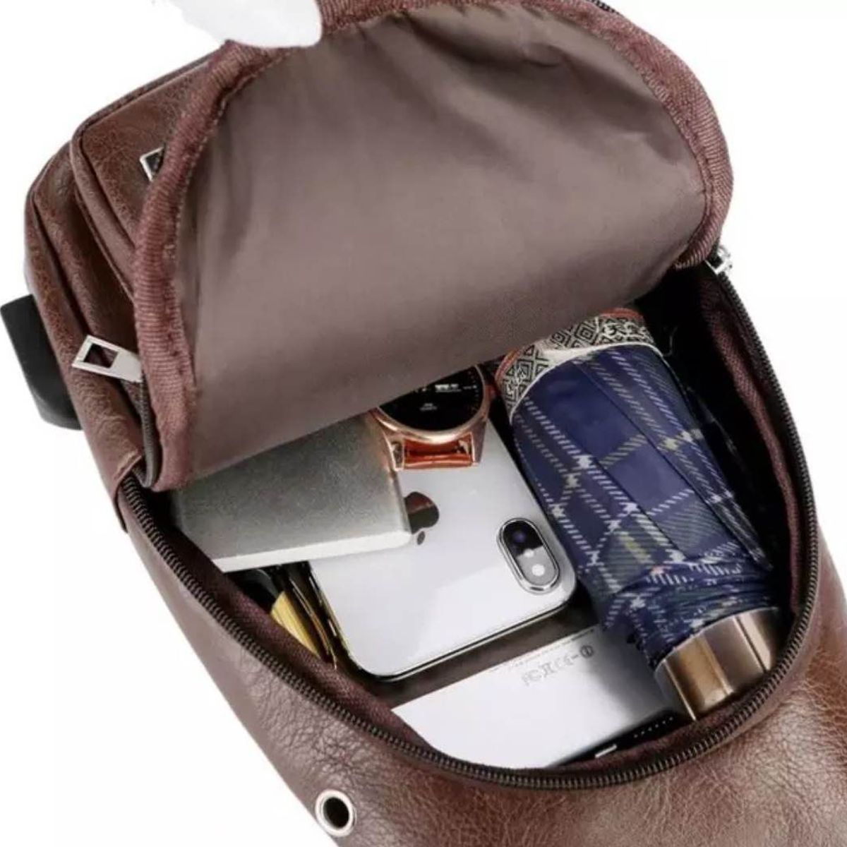 GENERICO - Bandolera de Pecho Cuero USB de Hombre Celular Morral Niños Jovenes