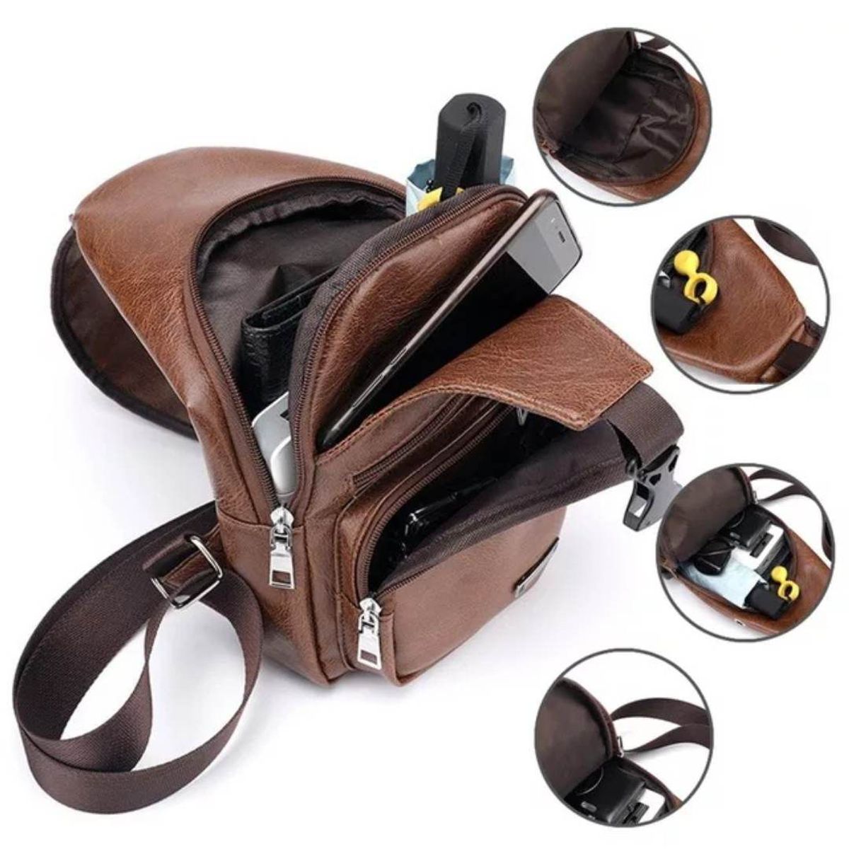 GENERICO - Bandolera Cruzada de Pecho Cuero USB de Hombre Celular Morral Negro