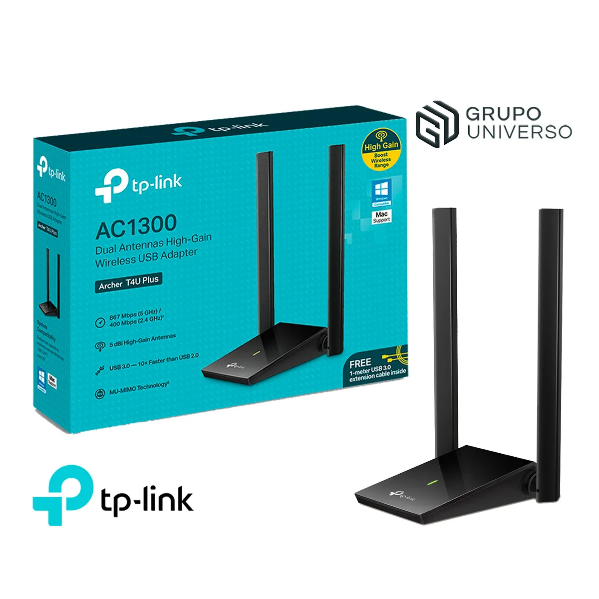 TP LINK - Archer T4U Plus TP-Link Adaptador Usb Inalámbrico 2 Bandas Ac1300