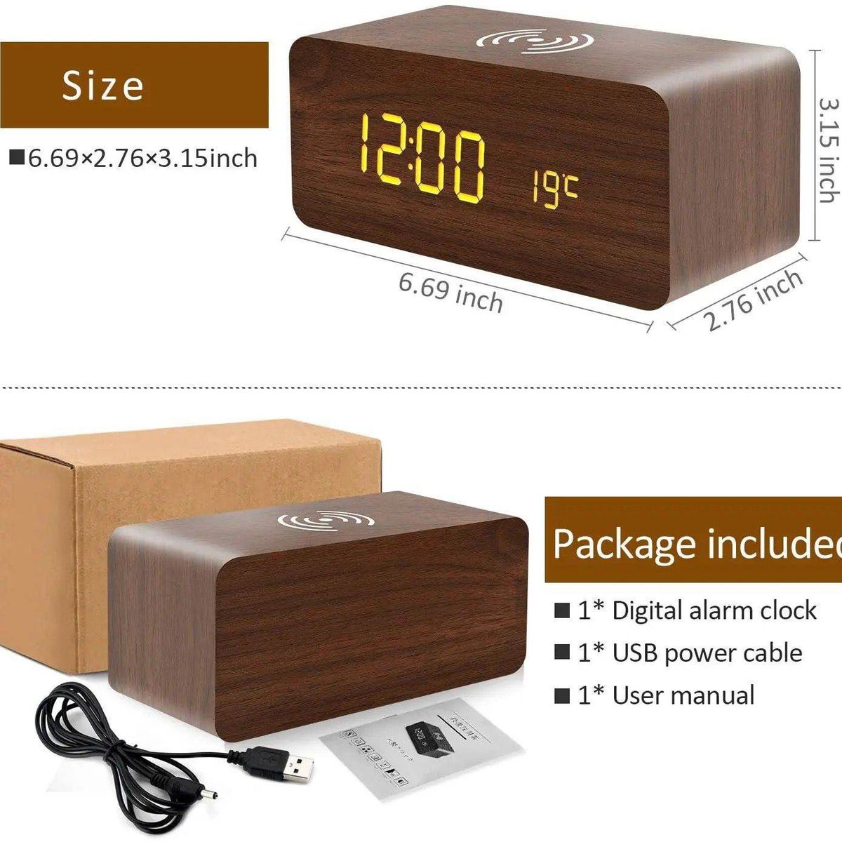 GENERICO - Reloj Despertador de madera + Temperatura 3 en 1 para Habitacion