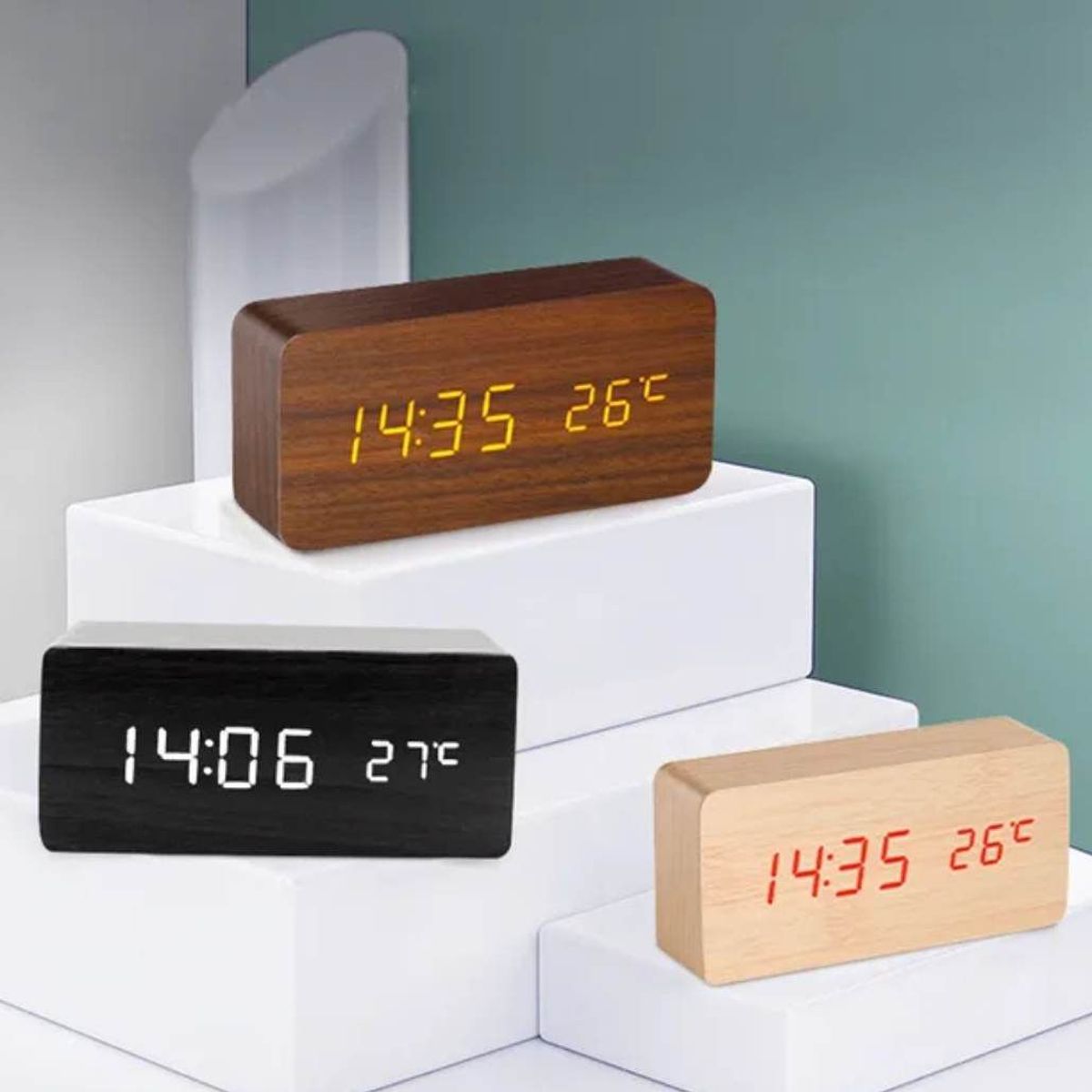 GENERICO - Reloj Digital Pantalla de Madera con Temperatura con USB 3 en 1