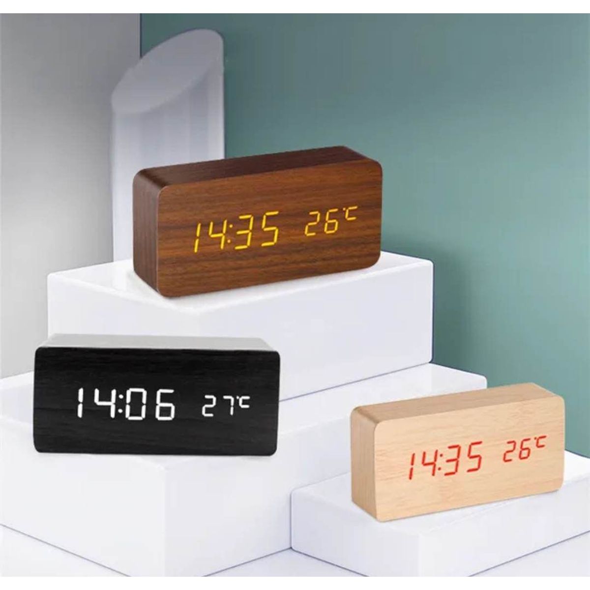 GENERICO - Reloj Digital Pantalla de Madera con Temperatura con USB 3 en 1