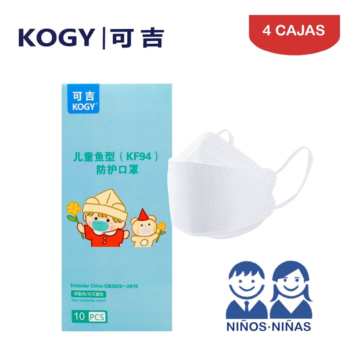 KOGY - Mascarilla KF94 Fish 3D NIÑOS NIÑAS blanco caja10und KOGY. Pack 4 cajas