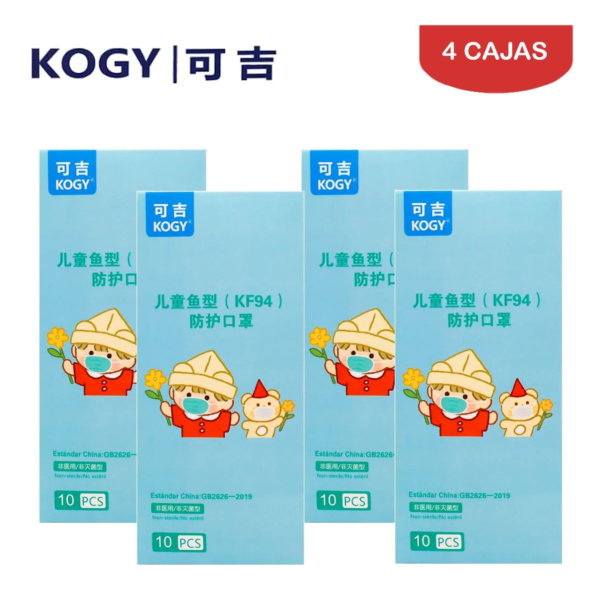 KOGY - Mascarilla KF94 Fish 3D NIÑOS NIÑAS blanco caja10und KOGY. Pack 4 cajas